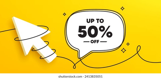 Up to 50 percent off sale. Continuous line chat banner. Discount offer price sign. Special offer symbol. Save 50 percentages. Discount tag speech bubble message. Wrapped 3d cursor icon. Vector