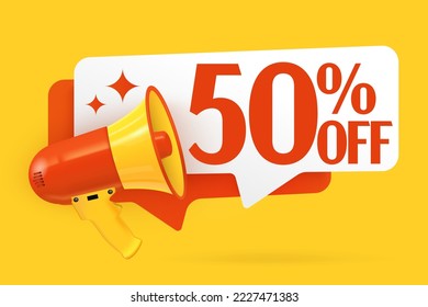 50 percent off sale label template. Speech bubble with quote and megaphone design vector illustration. Half price discount offer price sign. Special offer symbol. Save 50 percentage. Retail promotion