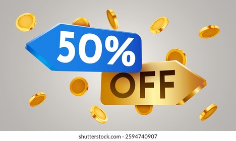 50 percent off sale label with falling golden coins. Cashback or sale concept. Vector illustration