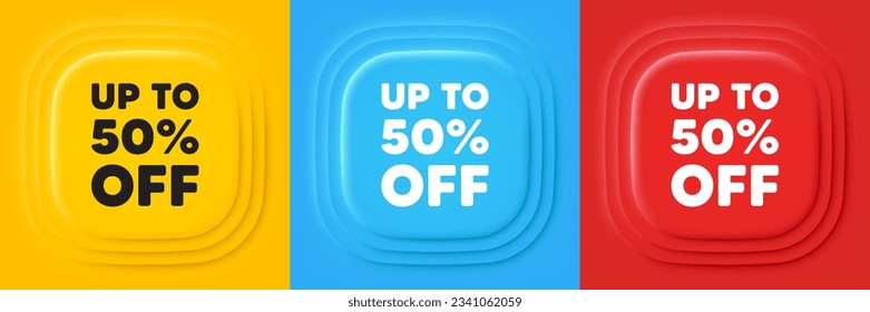Up to 50 percent off sale. Neumorphic offer banners. Discount offer price sign. Special offer symbol. Save 50 percentages. Discount tag podium background. Product infographics. Vector