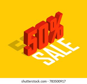 50% percent off, sale, red isometric object. Yellow background. Eps10 Vector.