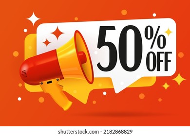 50 percent off sale sticker template. Speech bubble with quote and megaphone design vector illustration. Half price discount offer price sign. Special offer symbol. Save 50 percentage