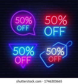 50 percent off set of neon signs on a dark background.