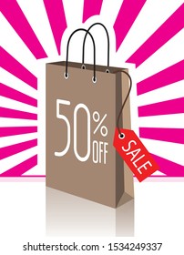 50 percent off, shopping bag, sale sticker, vector illustration 