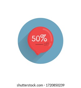 50 percent off speech bubble colorful flat icon with long shadow. discounts flat icon