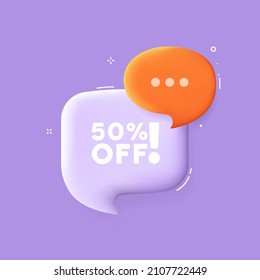 50 percent off. Speech bubble with 50 percent off text. 3d illustration. Pop art style. Vector line icon for Business and Advertising.