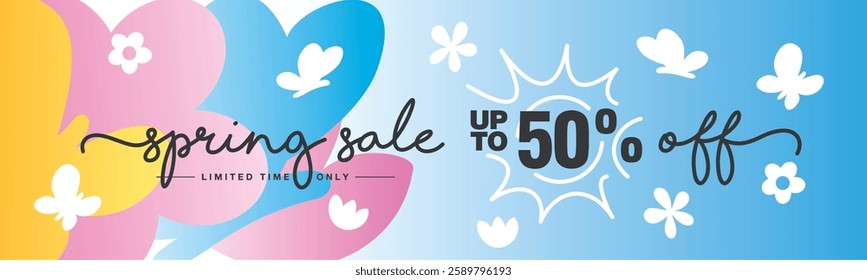 50 percent off Spring Sale. Handwritten typography. Line design with white spring elements on colorful blue background