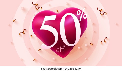 50 percent Off. Valentines day discount heart creative composition. Mega Sale. Vector illustration.