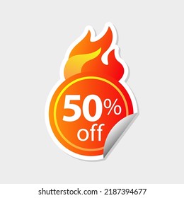 50% de descuento. Etiqueta de venta de quema de vectores. Símbolo con fuego inflamante