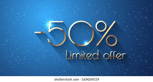 50% Percent Offer Background with golden shining numbers. Sale banner template design. New Year, Black Friday holiday seasonal discount template