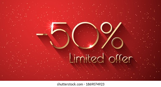 50 Percent Offer Background with golden shining numbers. Sale banner template design. New Year, Black Friday, Valentines Day - holiday seasonal discount template