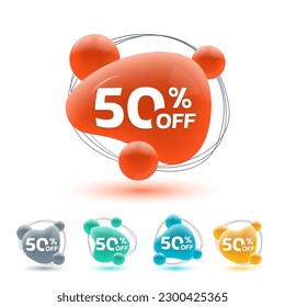 50 percent price off. Sale 3d badge, sticker or label. Abstract shapes discount, promotion banner template. Vector illustration. 