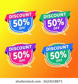 50% de desconto promocional Banner Design com balões coloridos e fundo amarelo para vendas, ofertas e promoções de marketing