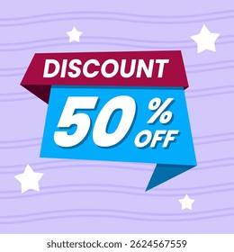 50 Percent Promotional Discount Banner Design with Blue Balloon and Purple Background for Sales, Offers, and Marketing Promotions