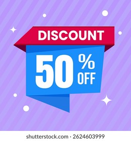 50 Percent Promotional Discount Banner Design with Blue Balloon and Purple Background for Sales, Offers, and Marketing Promotions