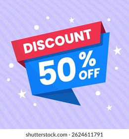 50 Percent Promotional Discount Banner Design with Blue Balloon and Purple Background for Sales, Offers, and Marketing Promotions