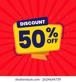 50 Percent Promotional Discount Banner Design with Yellow Balloon and Red Background for Sales, Offers, and Marketing Promotions