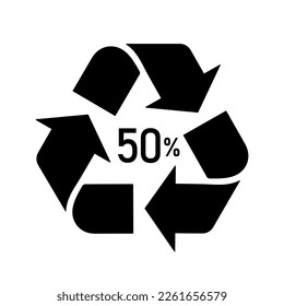 50 percent recycled material sign, bio matter organic material recycling symbol fifty percent, black filled vector illustration