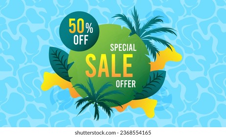50 Percent Sale Banner. Special offer. Tropical style with palms and sunshine. Summer Sale Banner.