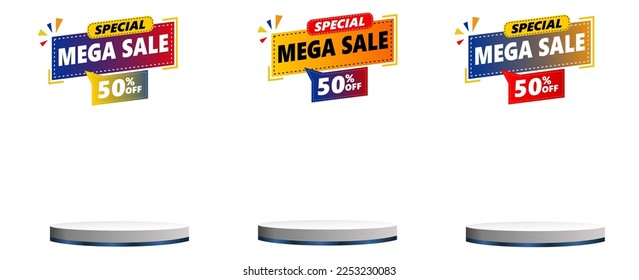 50 Percent Sale banner template design set multicolor with podium, mega sale special offer. Vector illustration. Can used for business store event.