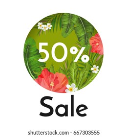 50 percent sale banner with tropical flowers and plants. Gorgeous red hibiscus, tender white narcissus and big palm leaves isolated vector illustration inside circle.
