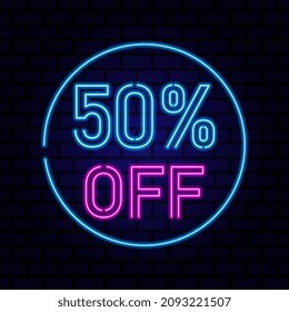 50 percent SALE glowing neon lamp sign. Vector illustration.