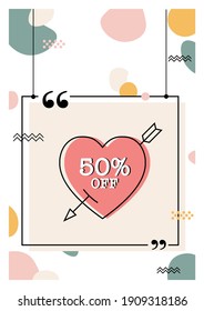 50 percent sale hanging banner with heart and arrow design for Valentine's Day in pastel color and abstract background