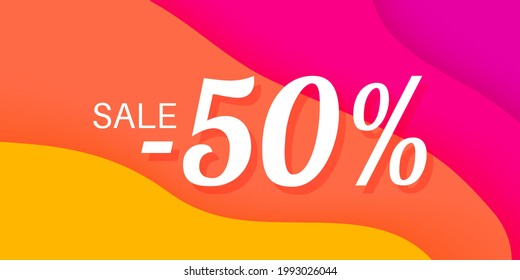 50 Percent Sale Lettering on Wavy Paper Colorful Background. Advertisement promotional template for seasonal discounts in summer, autumn