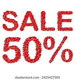 50 Percent Sale Text with Red Hearts on White Background, 50% Sale, 50% Off Sale Text. Special offer, Discount, Percentages, Sale Window, Sign Poster, Retail, Store Signs. Vector Image.