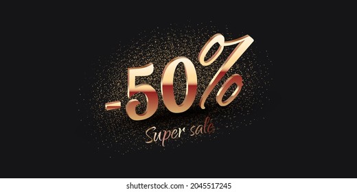 50 Percent Salling Background with golden shiny numbers on black. Super sale text. Black friday or new year discount design template