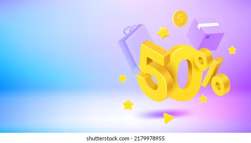 50 percent season discount concept. Vector 3d banner with copy space