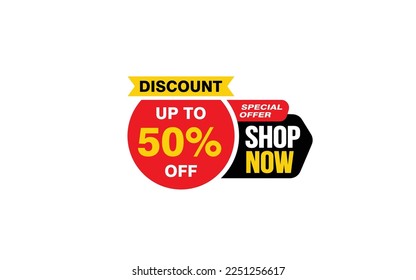 50 Percent SHOP NOW offer, clearance, promotion banner layout with sticker style. 

