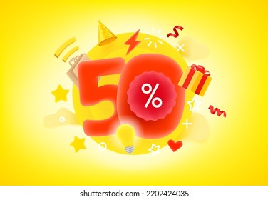 50 percent shopping discount concept. 3d style cute vector illustration