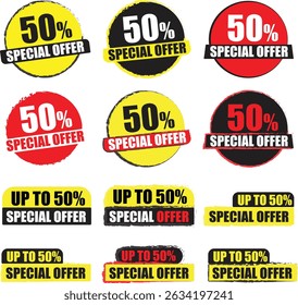 50 Percent Special Offer Labels Bold Discount Badges in Different Colors