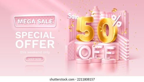 50 percent Special offer mega sale, golden confetti, podium and gift box. Sale banner and poster. Vector illustration.