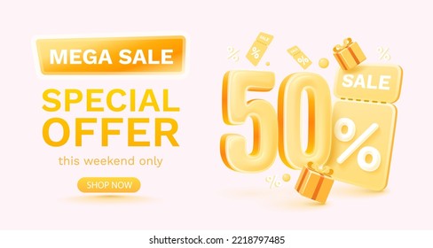 50 percent Special offer mega sale, Check and gift box. Sale banner and poster. Vector illustration.