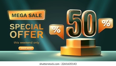 50 percent Special offer mega sale, Check and gift box. Sale banner and poster. Vector illustration.