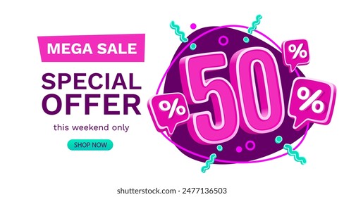 50 percent Special offer mega sale, Check and gift box. Sale banner and poster. Vector illustration.