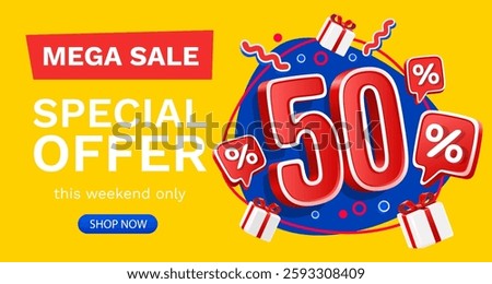 50 percent Special offer mega sale, Check and gift box. Sale banner and poster. Vector illustration.
