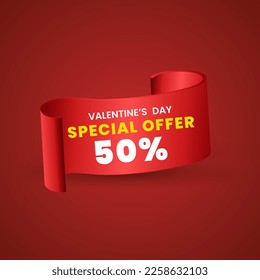 50 percent Special red offer banner design, Red ribbon on red background used in product price tag or banners concept. special Valentine Day. Vector illustration