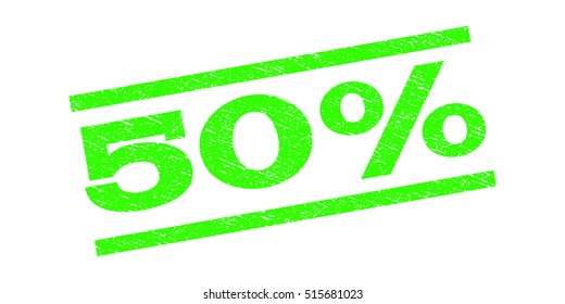 50 Percent watermark stamp. Text tag between parallel lines with grunge design style. Rubber seal stamp with dirty texture. Vector light green color ink imprint on a white background.