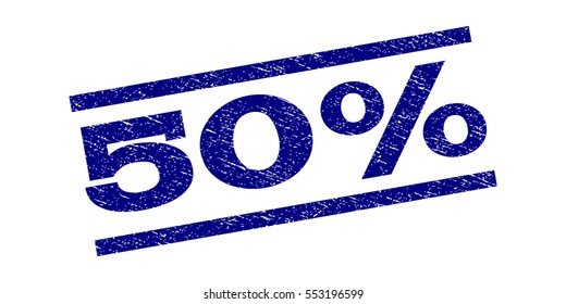 50 Percent watermark stamp. Text tag between parallel lines with grunge design style. Rubber seal stamp with unclean texture. Vector navy blue color ink imprint on a white background.
