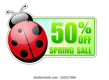 50 percentages off spring sale banner - text in green label with red ladybird and white flowers, business concept, vector
