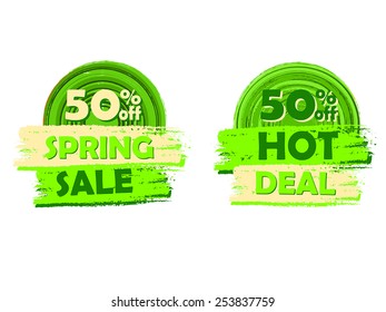 50 percentages off spring sale and hot deal banners - text in green circular drawn labels, business seasonal shopping concept, vector