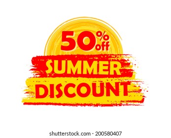 50 percentages off summer discount banner - text in yellow and orange drawn label with sun symbol, business seasonal shopping concept, vector