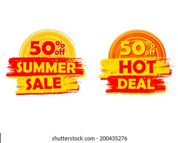 50 percentages off summer sale and hot deal banners - text in yellow and orange drawn labels with sun symbols, business seasonal shopping concept, vector