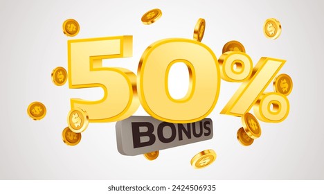 50 percents bonus. Falling golden coins. Cashback or prize concept. Vector illustration