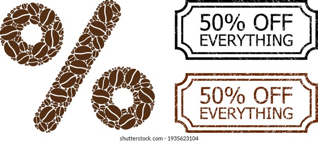 50 Percents Off Everything Grunge Seal Stamps with Notches and Percent Mosaic of Coffee Grain