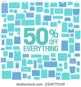 50 percents off, half price sale vector banner template with shopping bags pattern on a background