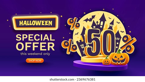 50 por ciento de descuento. Plantilla de banner de venta de Halloween. Podio y números con cantidad de descuento. Oferta especial de octubre. Ilustración vectorial.